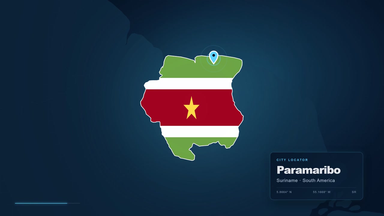 Imagens de mapa digital com zoom para destacar a cidade de Paramaribo no Suriname, América do Sul, com um alfinete de localização e um localizador geográfico exibidos.