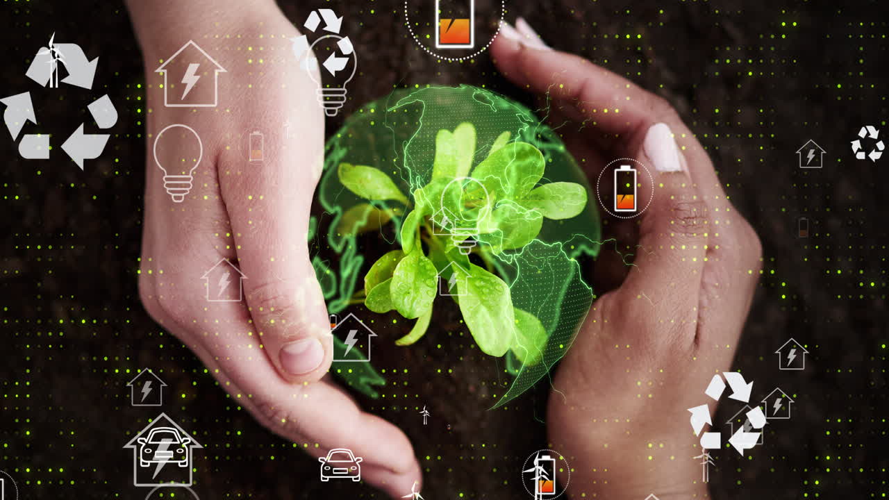 manos sosteniendo un árbol pequeño con un globo terrestre verde e iconos ecológicos