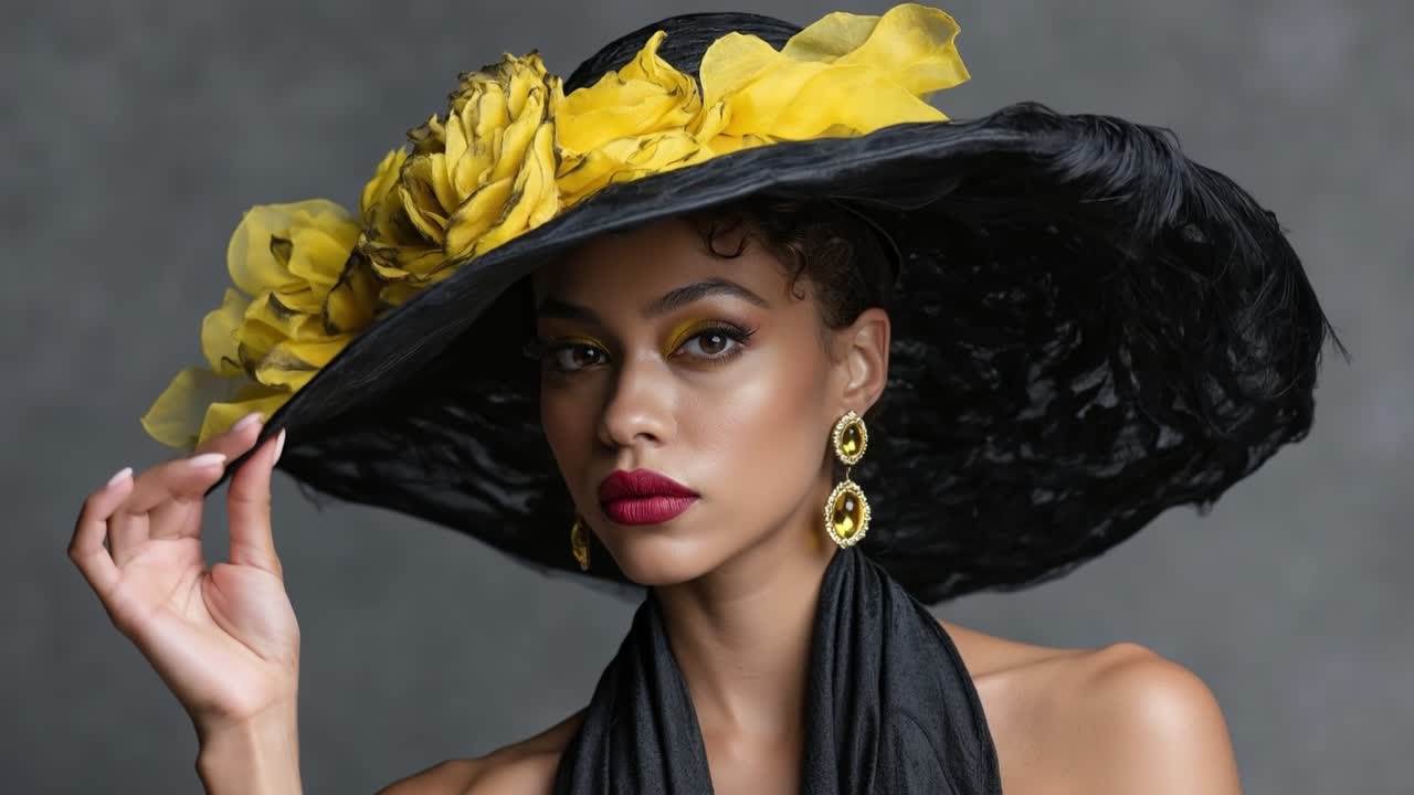 Ritratto di una modella elegante di alta moda che indossa un grande cappello nero con fiori gialli e guarda in camera.
