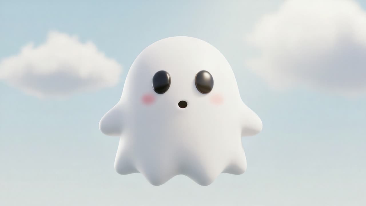 A cheerful and playful animated ghost character floating in a bright sky, surrounded by fluffy clouds, exuding a friendly and whimsical charm that delights all ages