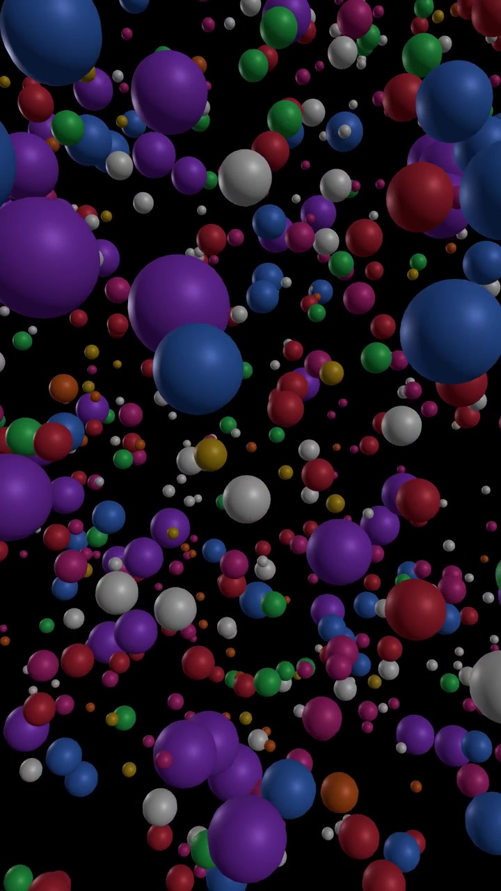 Sfere vivaci di varie dimensioni si scontrano e rimbalzano in una complessa simulazione fisica 3D