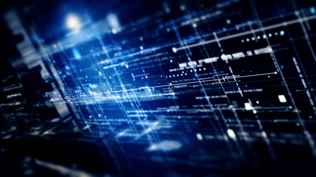 헤드업 디스플레이 배경-4를 위한 사이버 공간 환경에서 입자 시뮬레이션을 사용하여 미래형 추상 디포커스 흐르는 데이터 매트릭스, 메타, 메타버스, 원격 측정 및 암호화 숫자 디스플레이