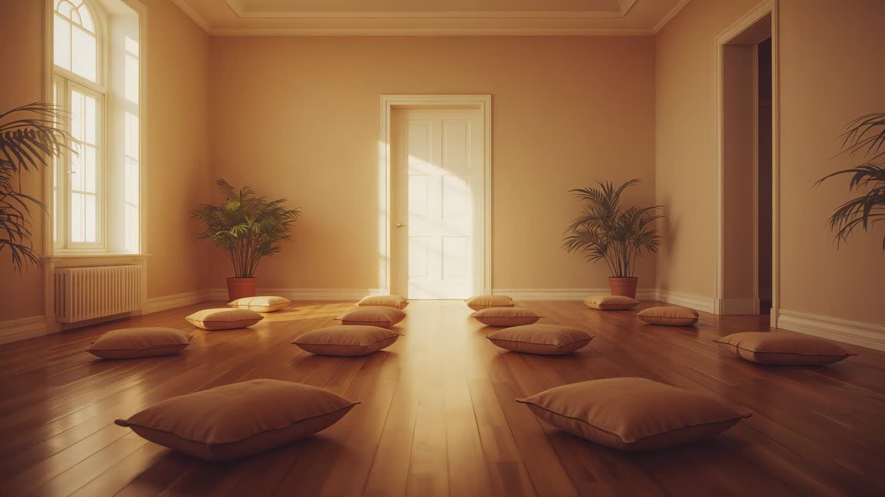 Moving low angle camera sliding forward, tightening frame toward cushions, showcasing calm setup