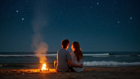 a couple enjoys a serene evening on the beach, sitting close together as a warm campfire flickers beside them. the night sky is filled with countless stars, creating a magical atmosphere. gentle waves roll onto the shore, enhancing the peaceful setting. their intimate moment reflects love and connec
