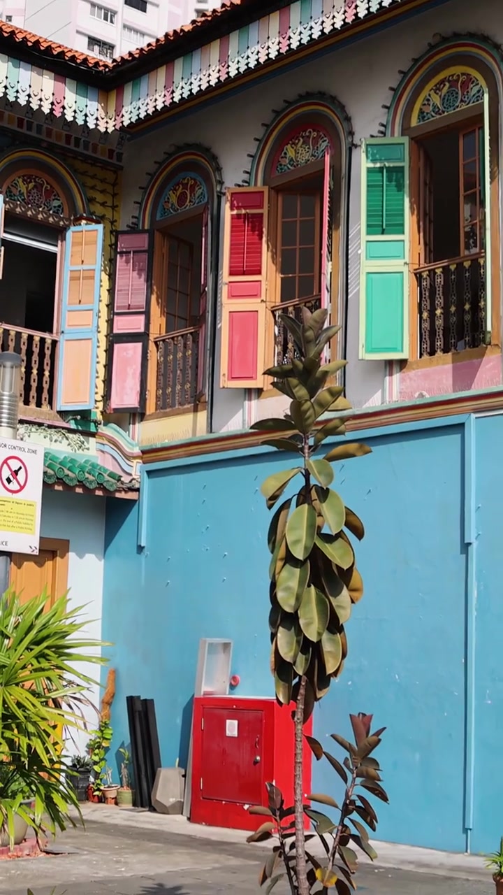 La telecamera panoramica lentamente oltre una vivace e storica shophouse con finestre ornate, piante in vaso e luce diurna intensa, in un contesto urbano di Singapore.