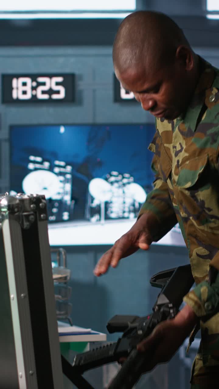 Vertical video Military officers working together to check guns in command post