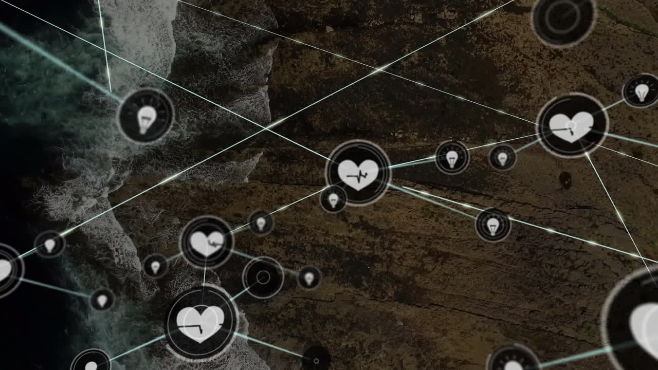 animación de la red de conexiones con iconos sobre la vista del mar