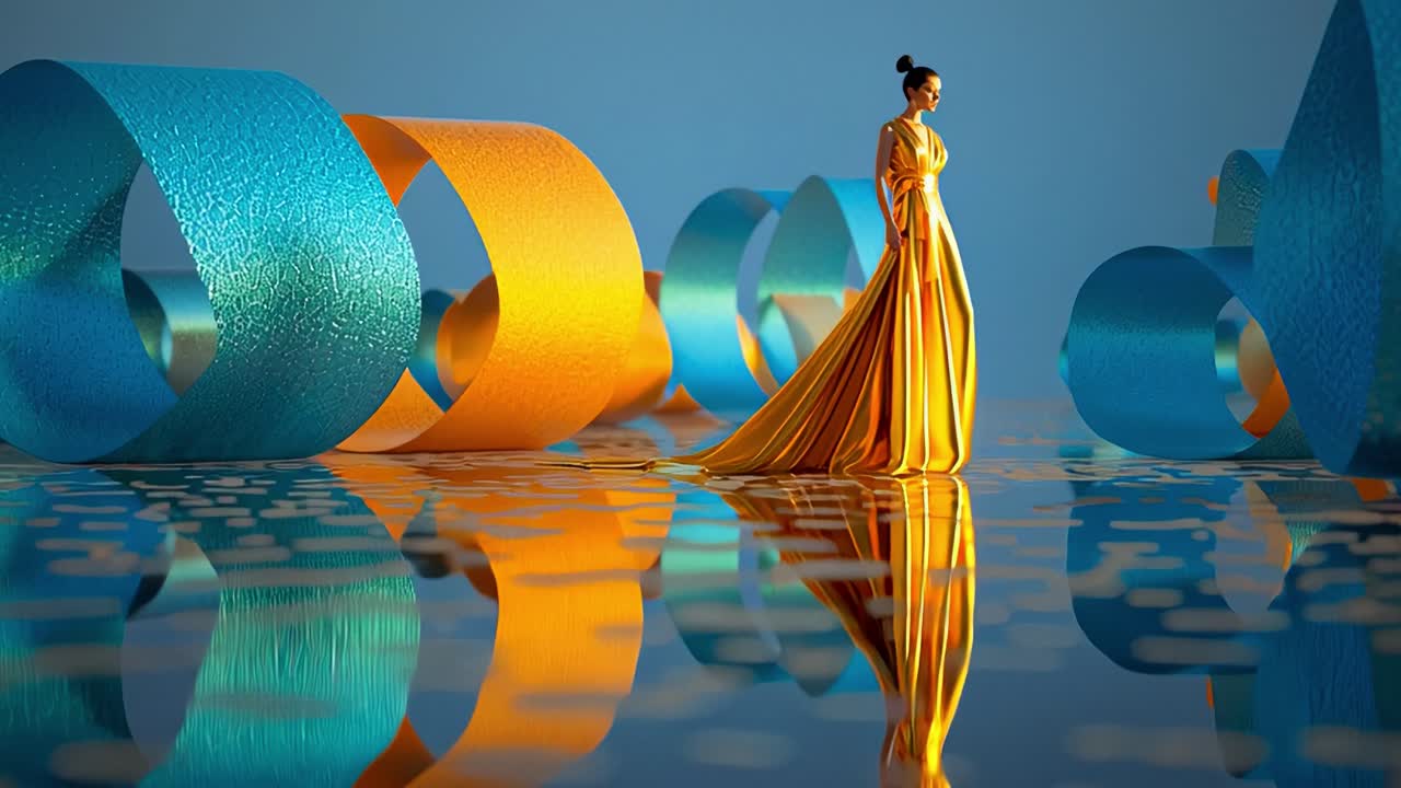 A graceful figure clad in a flowing yellow gown stands amidst vibrant blue and orange loops, reflecting beautifully on a serene surface, embodying elegance and artistry