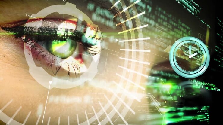 Animation of digital interface and clock over woman's eyes