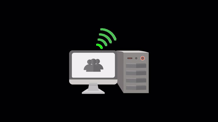 Animated Computer with Network Connection and People Icons