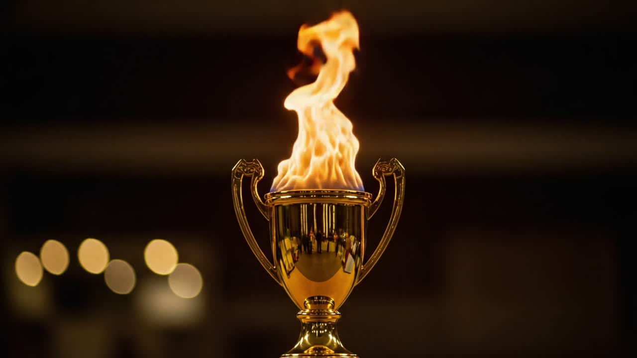 A Golden Trophy Emanating Flames: An Eye-Catching Display of Triumph and Passion, Capturing the Essence of Celebration and Achievement in a Compelling Visual Moment