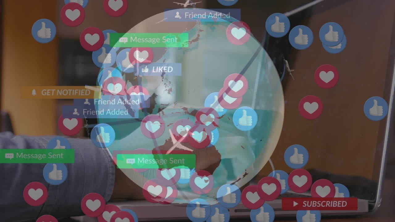 고령 여성에 대한 지구와 소셜 미디어 아이콘의 애니메이션