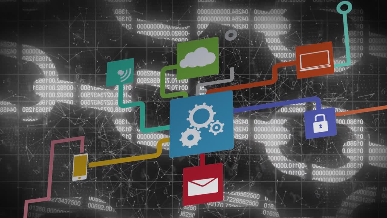 animación de la cadena, procesamiento de datos por computadora a través de una red de conexiones