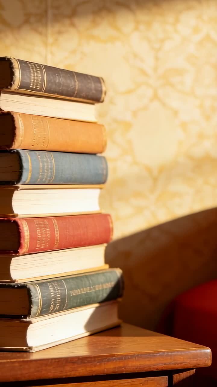 Video verticale: Sequenza di immagini che rivela una pila di libri su un tavolo di legno accanto a un cuscino rosso, spazio per il testo