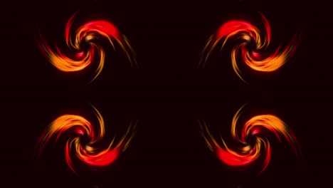 Animation-of-four-glowing-orange-and-red-light-waves-moving-on-black-background