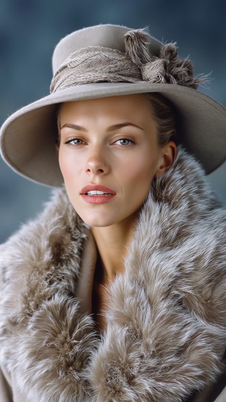 Elegant beautiful woman wearing a vintage hat and luxurious fur collar looking at camera