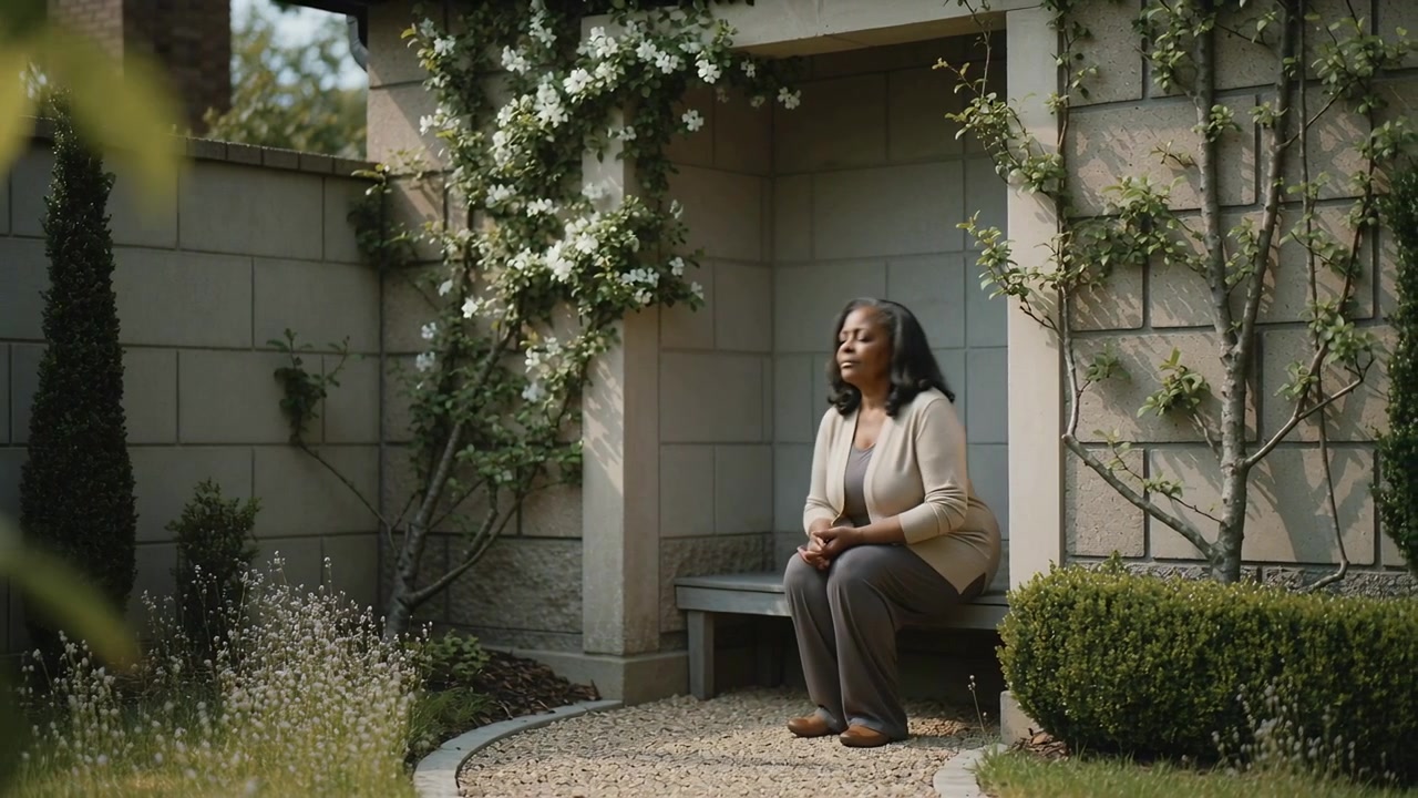 Shifting weight, senior woman wearing beige cardigan lowering onto bench in walled garden to rest