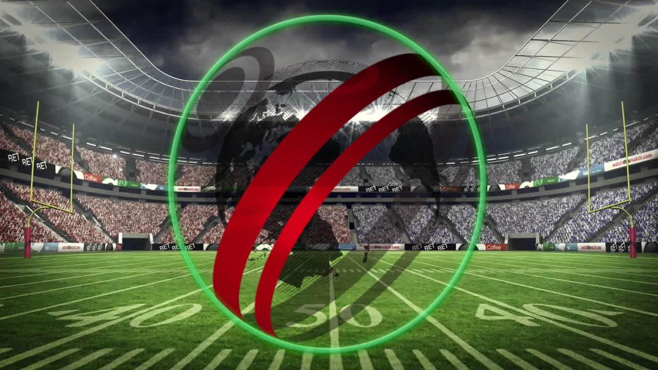 Globe animation over football stadium with cheering crowd and bright lights