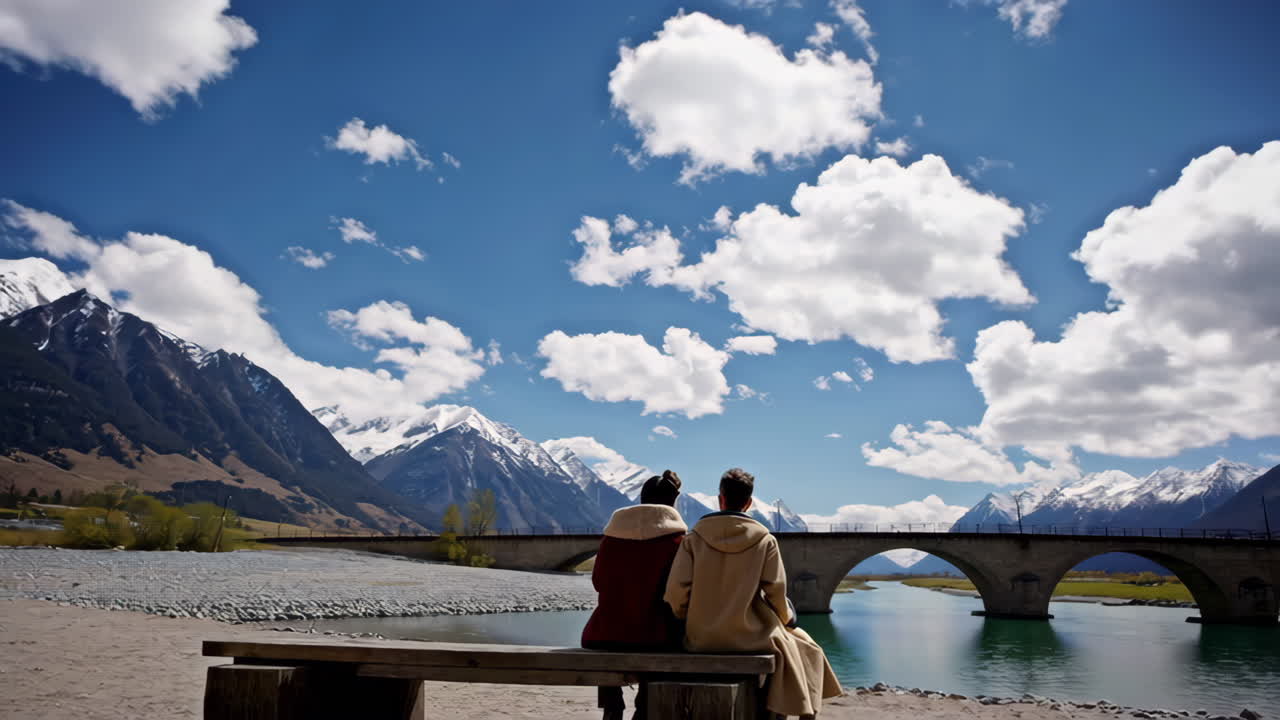 Couple enjoying a scenic view of a stone arch bridge and majestic mountains by the river