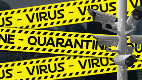 words quarantine and virus written on warning tapes with cameras recording in the background.