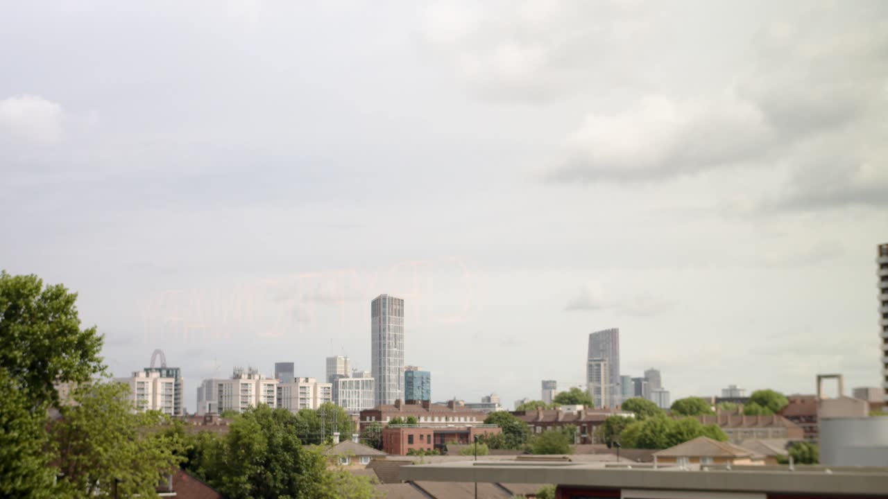 Static wide angle establishing shot of East London skyline with skyscrapers