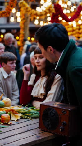 autumn festival market scene with vintage radio