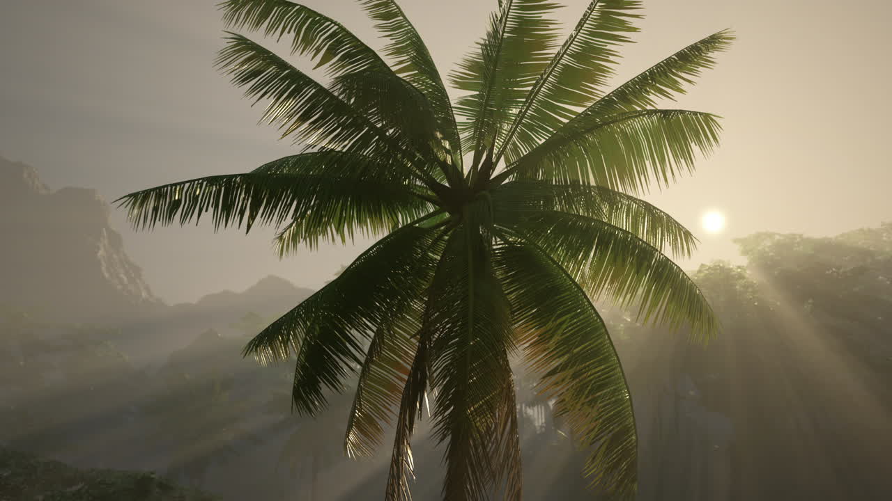 A palm tree stands tall against a stunning sunset sky in a lush tropical jungle.