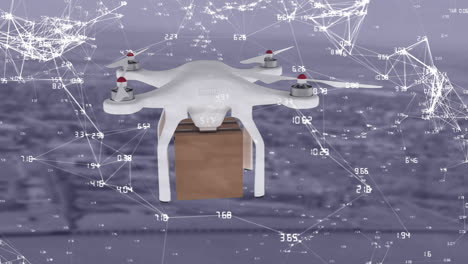 animación de un avión no tripulado que lleva una caja de cartón con una red de conexiones sobre el paisaje urbano
