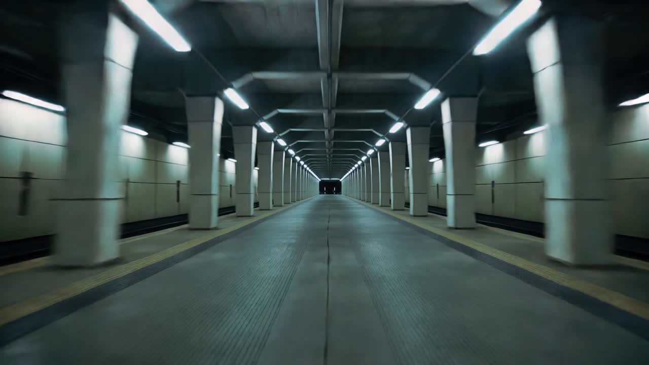 Sequenza che inizia con la telecamera che avanza attraverso un corridoio centrale, passando tra le colonne, rivelando un cestino.