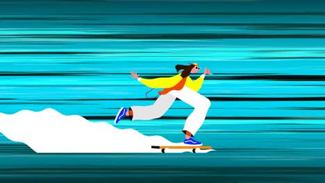 animation of a person riding on a skateboard with blue light trails moving in fast motion