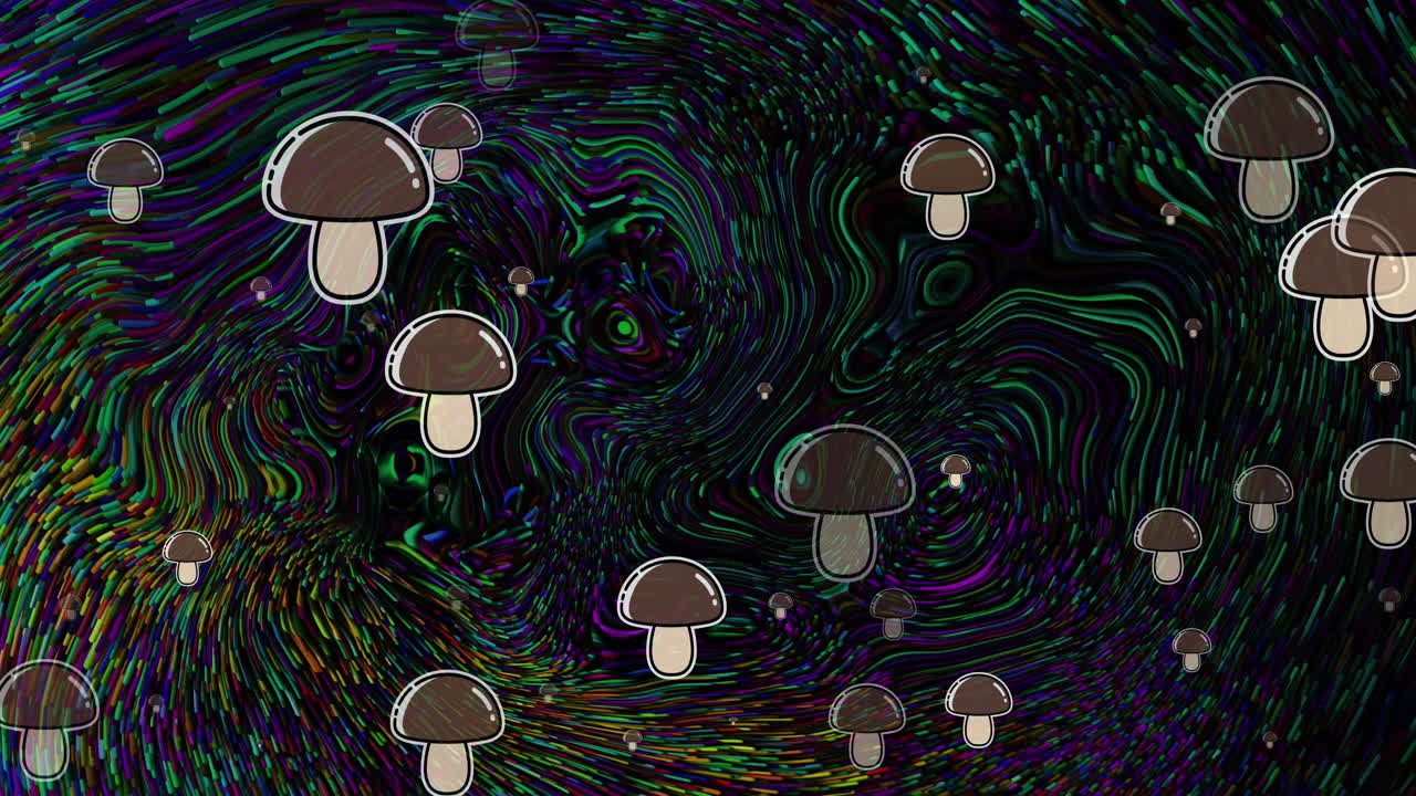 Funghi in movimento su sfondo a vortice liquido multicolore