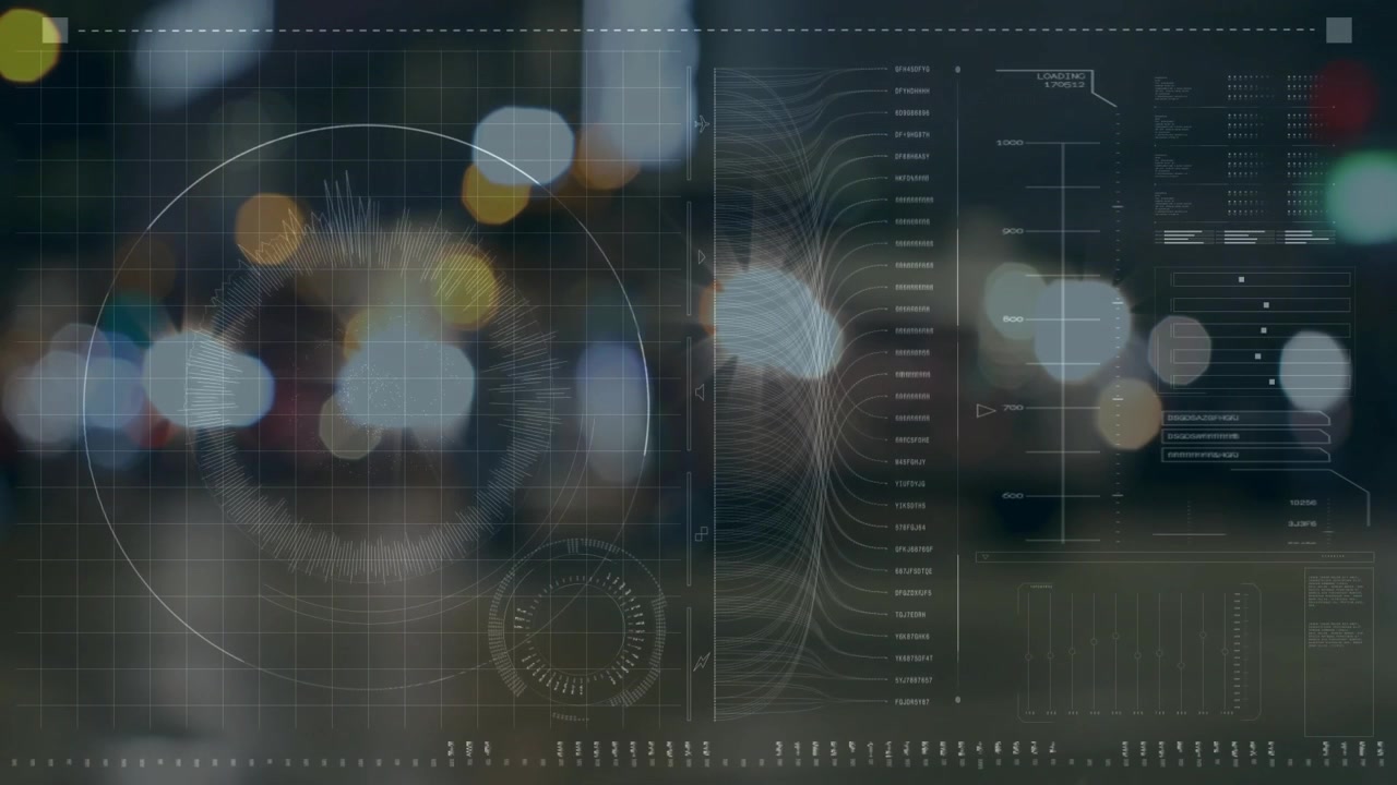 Griglia che svanisce avviando l'apparizione di un indicatore, dati che scorrono, grafici che si riempiono, HUD che visualizza i dati di sistema