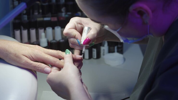 The manicurist evens out the surface of the nail with a nude base