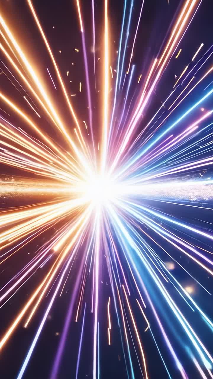 Vertical video: Flashing core sending neon rays arching in violet void, signaling cosmic burst