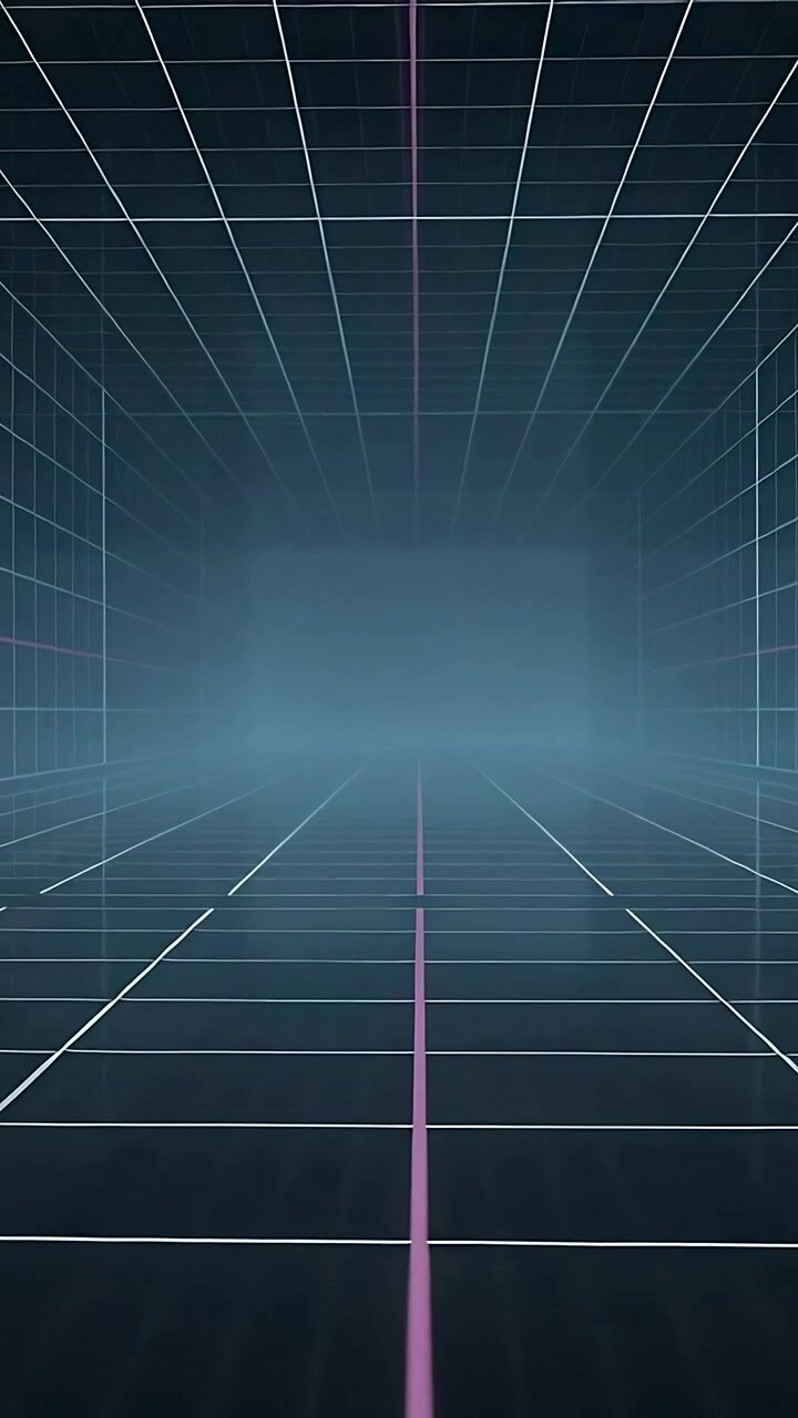 Lodret video: Modulerende dis og pulserende magenta linje skaber dybde i en gittertunnel med gulv