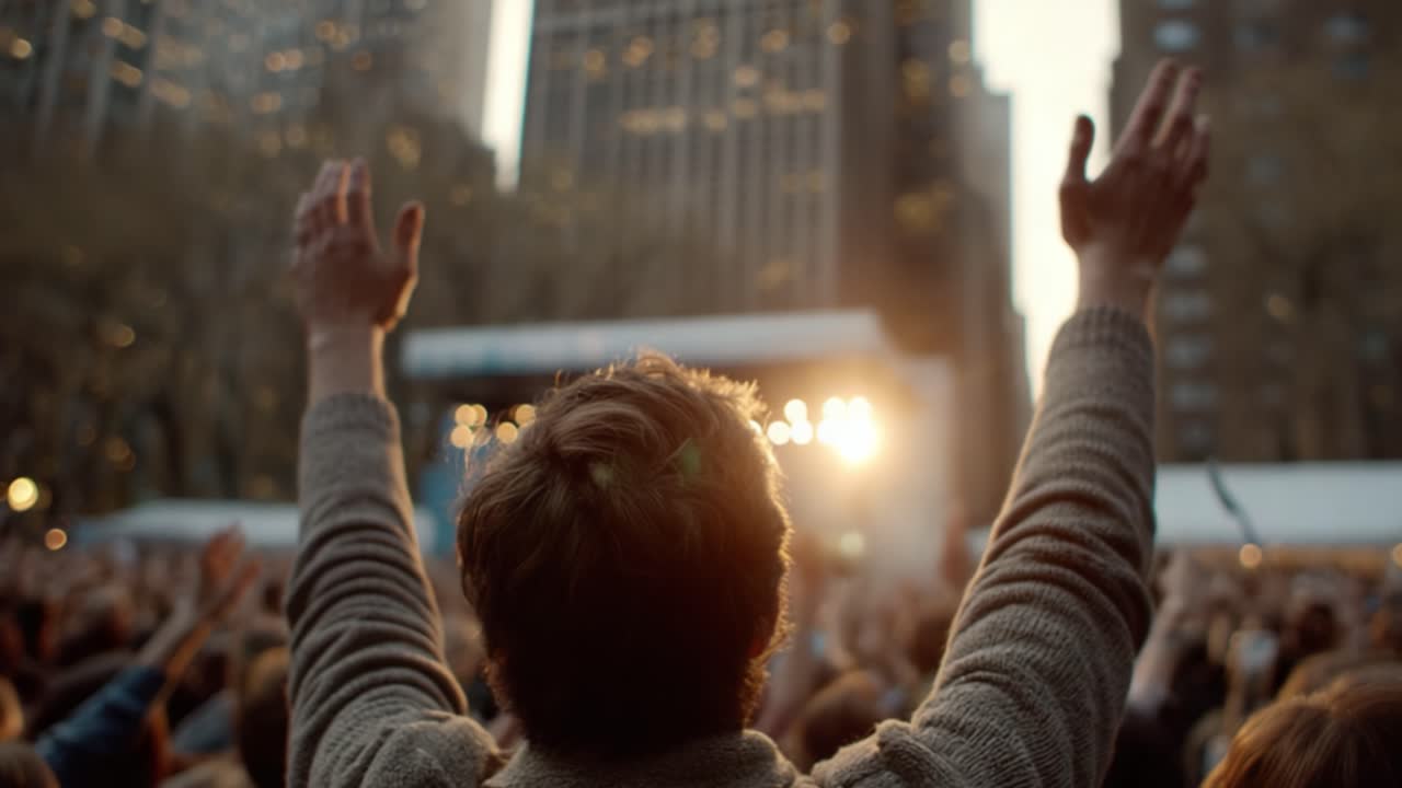 A Thrilling Outdoor Performance with Audience Members Enthusiastically Cheering and Raising Their Hands in Excitement During an Unforgettable Moment