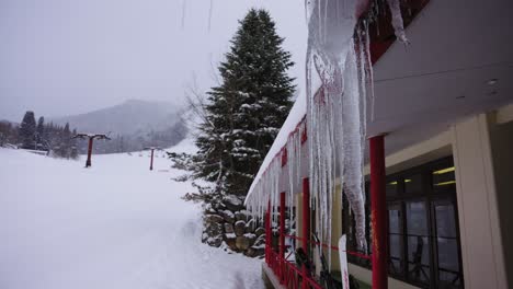 ice forming on ski resort lodge on snowy winter day