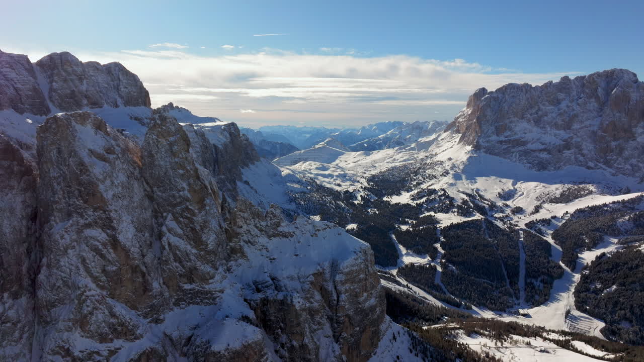 Aerial drone view of the Gardena Pass high mountain pass in the Dolomites, Italy