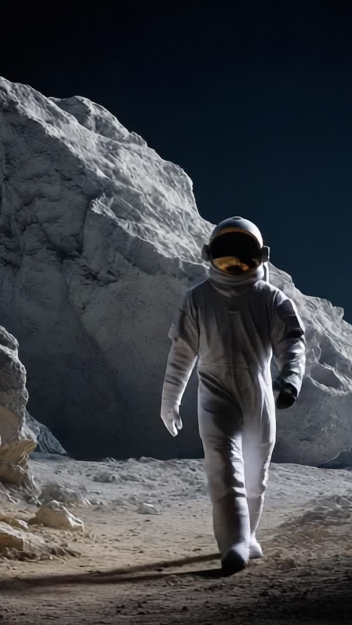 An astronaut explores the rugged terrain of a lunar landscape, facing the stark beauty of the moon's surface in a moment of solitude and discovery
