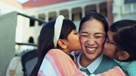 school, kiss and children with mother on stairs