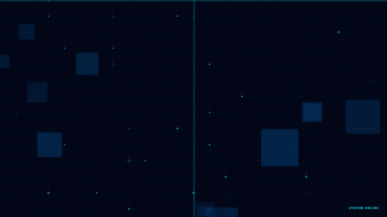 Digital HUD Interface with Floating Blue Squares and Grid Lines