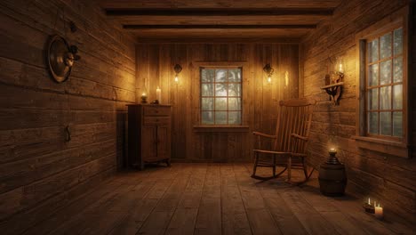 a cozy rustic room with wooden walls and soft lantern lighting creating an inviting atmosphere for relaxation and reflection