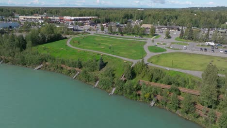 Aerial-footage-the-Soldotna-Creek-Park-next-to-the-Kenai-River-in-Alaska