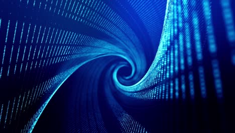 espiral azul. 4k en bucle fondo abstracto de partículas de brillo forman líneas, superficies como paisaje futurista en el ciberespacio o holograma. tema de ciencia ficción de microworld, nanotecnología o espacio cósmico.