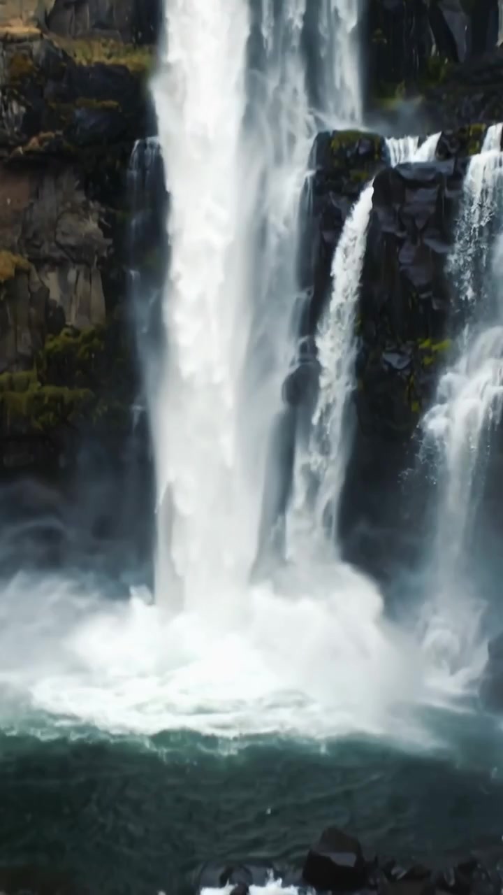 Vertikales Video: Fluss leitet Wasserfallsäule trichterförmig, deren Spitze in ein Tauchbecken stürzt, mit Kaskaden auf der rechten Seite.