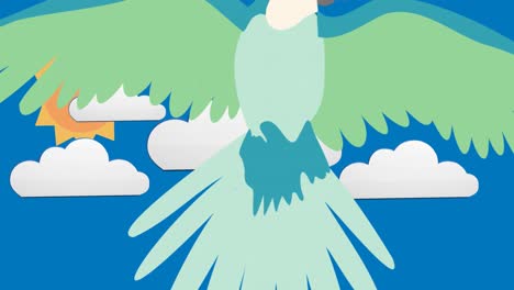 animación de la ilustración de un loro volando sobre nubes sobre fondo azul