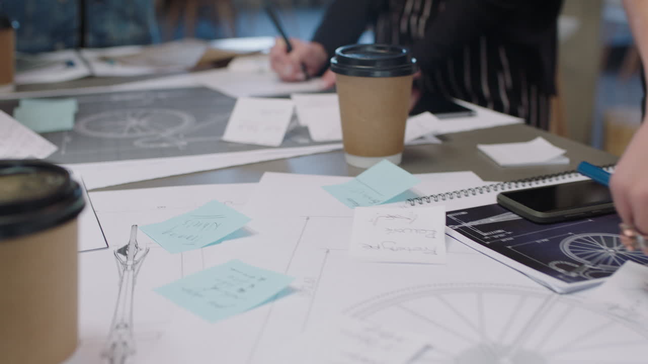 가까운 젊은 엔지니어들이 청사진 스키마를 사용하여 자전거 프로토타입을 개발하고 학생들이 미래 개발에 대한 브레인스토밍을 하고 협력하고 트렌디한 사무실에서 창의적인 아이디어를 공유하고 있습니다.