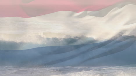 digital composition of waving netherlands flag against waves in the sea