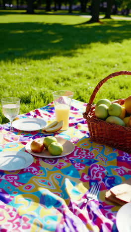 sunny outdoor picnic with fruits and drinks
