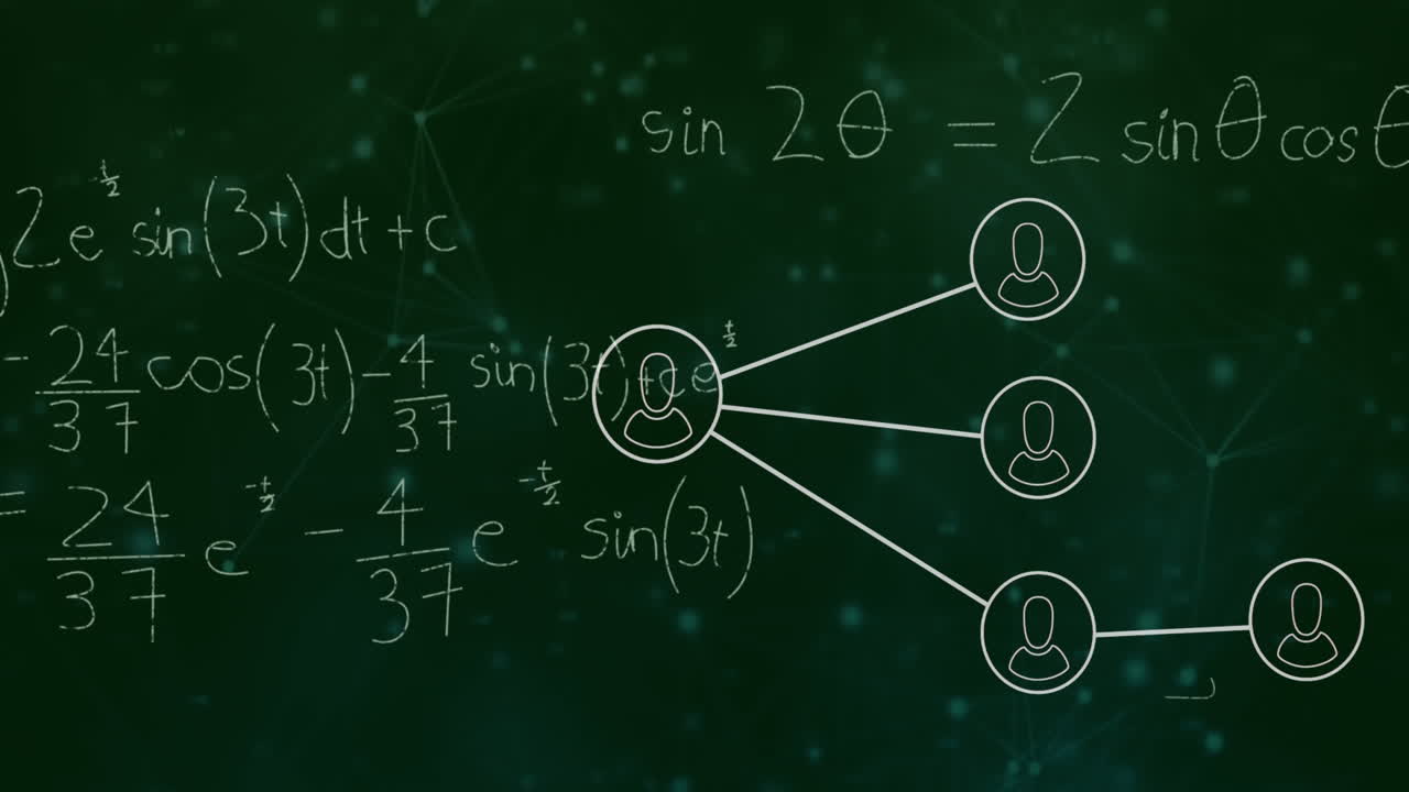 녹색 바탕에 아이콘을 가진 연결 네트워크를 통해 수학적 방정식의 애니메이션